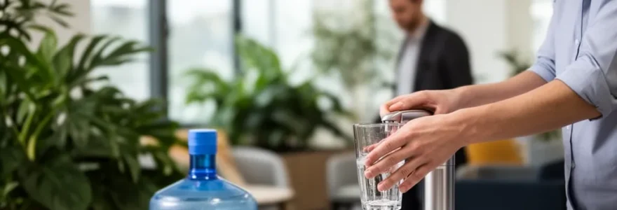 Collaborateurs utilisant une fontaine à bonbonne d'eau dans un espace détente moderne