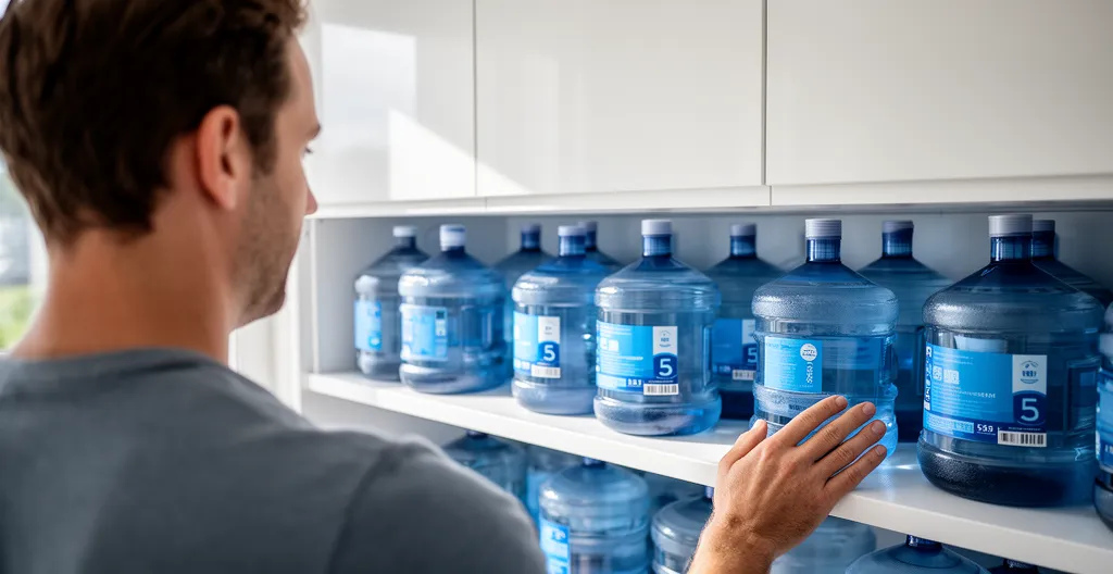 Responsable vérifiant le stock de bonbonnes d'eau dans une cuisine d'entreprise