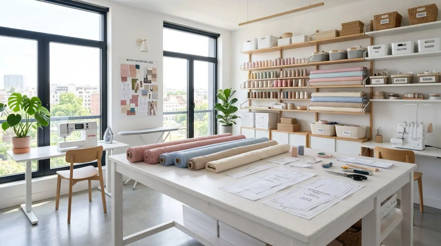 Atelier de couture lumineux et moderne avec une grande table de coupe blanche, des rouleaux de tissus colorés suspendus et des patrons étalés