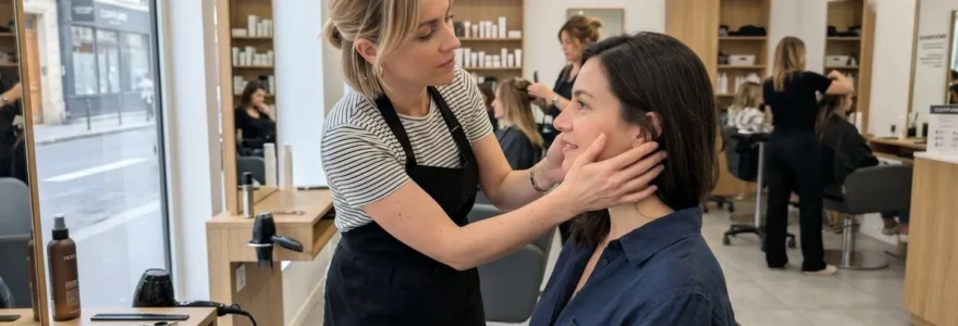 Un coiffeur professionnel consulte une cliente dans un salon moderne, analysant la structure de son visage de profil lors d'une séance de conseil personnalisé
