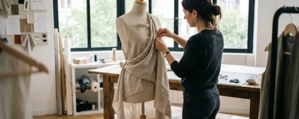 Une couturière ajuste délicatement un tissu fluide beige drapé sur un mannequin de couture dans un atelier lumineux contemporain
