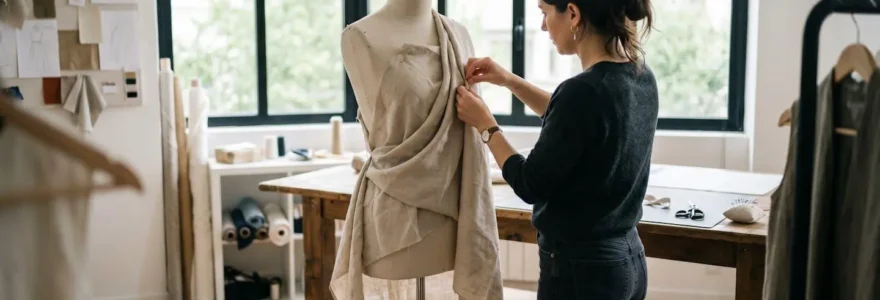 Une couturière ajuste délicatement un tissu fluide beige drapé sur un mannequin de couture dans un atelier lumineux contemporain