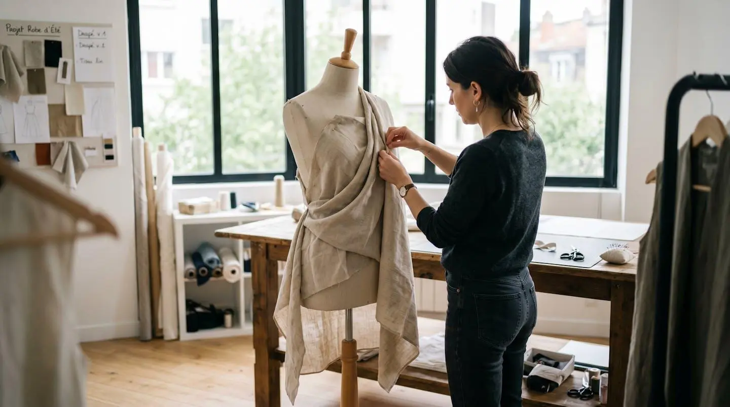 Une couturière ajuste délicatement un tissu fluide beige drapé sur un mannequin de couture dans un atelier lumineux contemporain