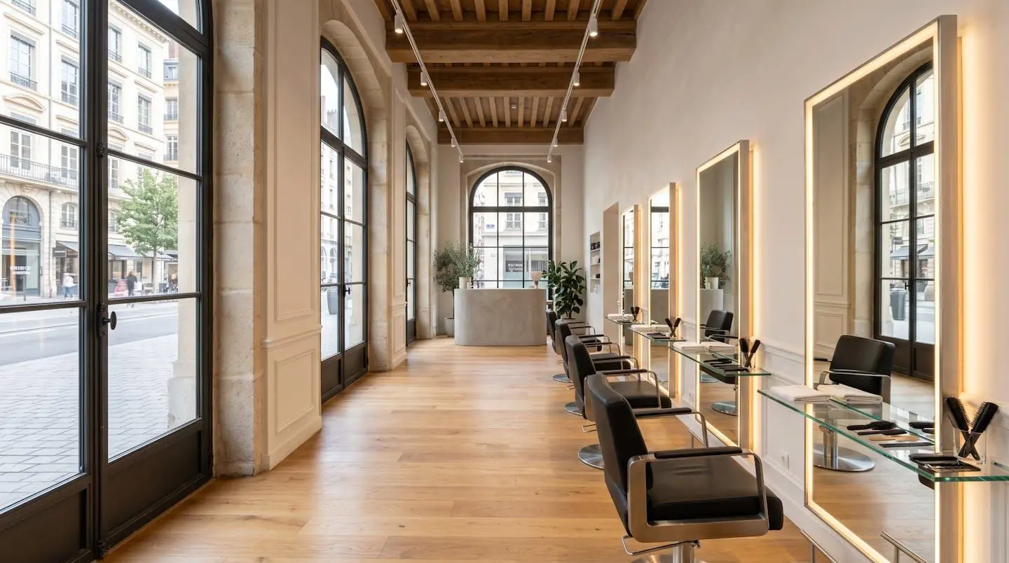 Intérieur d'un salon de coiffure contemporain avec de grands miroirs, des fauteuils de coiffage vides et une abondante lumière naturelle