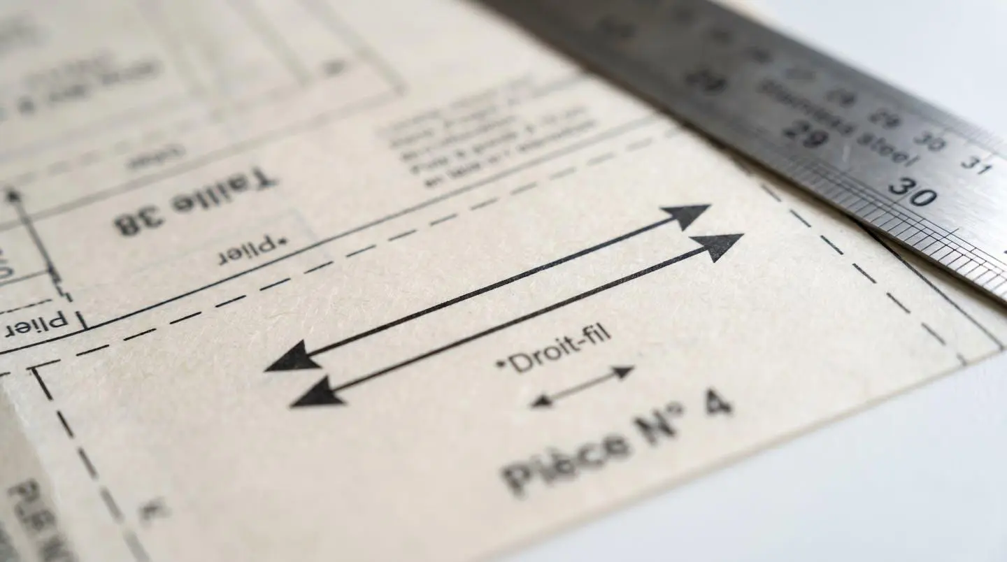 Gros plan détaillé sur un patron de couture en papier beige avec des flèches de droit-fil noires et des lignes de tracé précises visibles