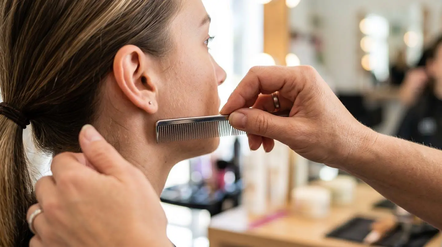 Gros plan sur les mains d'un coiffeur utilisant un peigne fin pour évaluer la ligne de la mâchoire d'un client