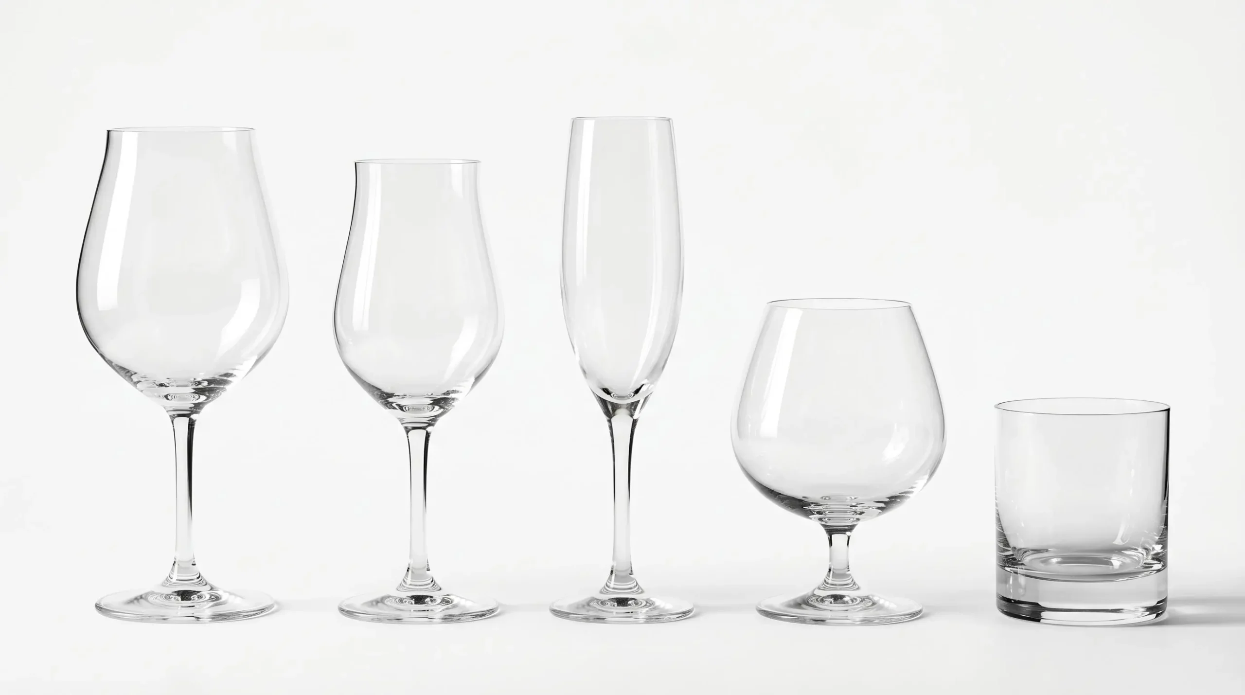 Cinq verres de dégustation vides alignés horizontalement sur fond blanc : tulipe vin rouge large, tulipe vin blanc resserrée, flûte champagne étroite, ballon cognac, tumbler whisky, éclairage latéral révélant transparence cristallin