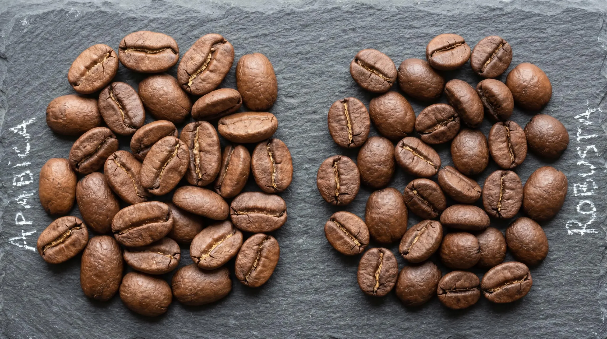 Comparaison macro de grains de café arabica (ovales avec rainure en S) et robusta (ronds avec rainure droite) sur surface neutre