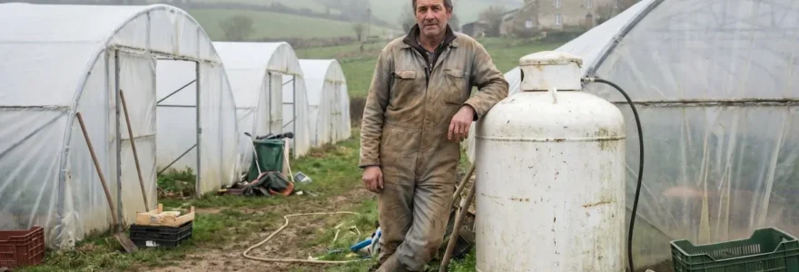 Exploitant agricole inspectant une citerne de propane installée à côté de serres de maraîchage en zone rurale