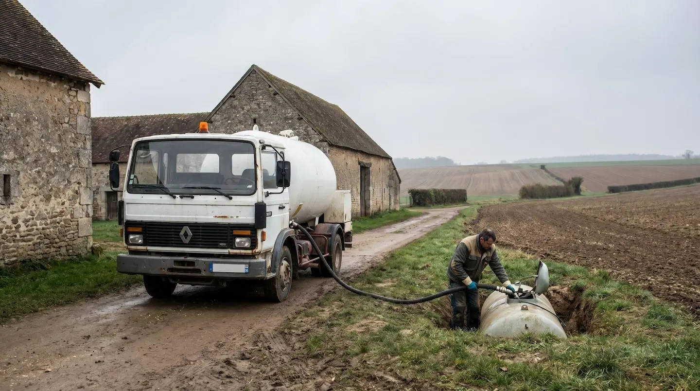 Camion-citerne livrant du propane sur une ferme en région rurale, champs en arrière-plan