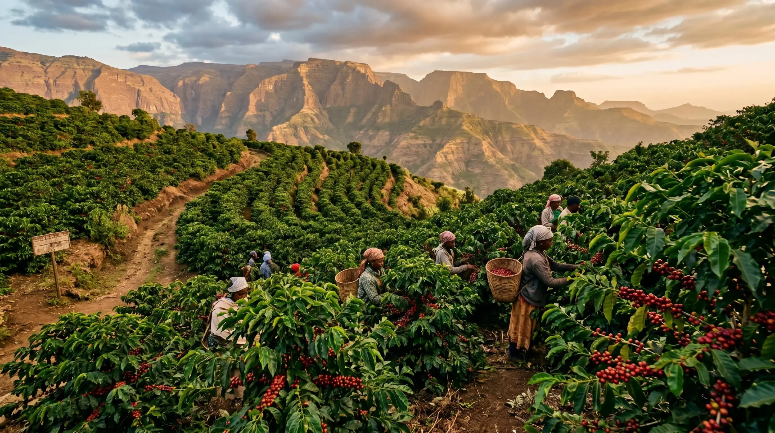 Plantation de café arabica en altitude avec caféiers chargés de cerises rouges, montagnes en arrière-plan, lumière dorée, travailleurs en activité