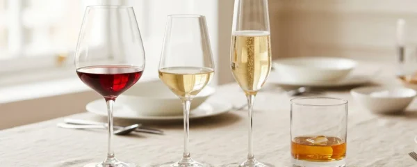 Quatre verres de dégustation de profils différents (tulipe vin rouge, tulipe vin blanc, flûte champagne, tumbler) alignés sur table élégante avec nappe lin naturel, remplis de liquides colorés, éclairage naturel doux créant reflets sur cristallin