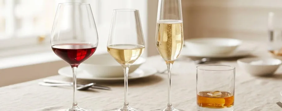 Quatre verres de dégustation de profils différents (tulipe vin rouge, tulipe vin blanc, flûte champagne, tumbler) alignés sur table élégante avec nappe lin naturel, remplis de liquides colorés, éclairage naturel doux créant reflets sur cristallin