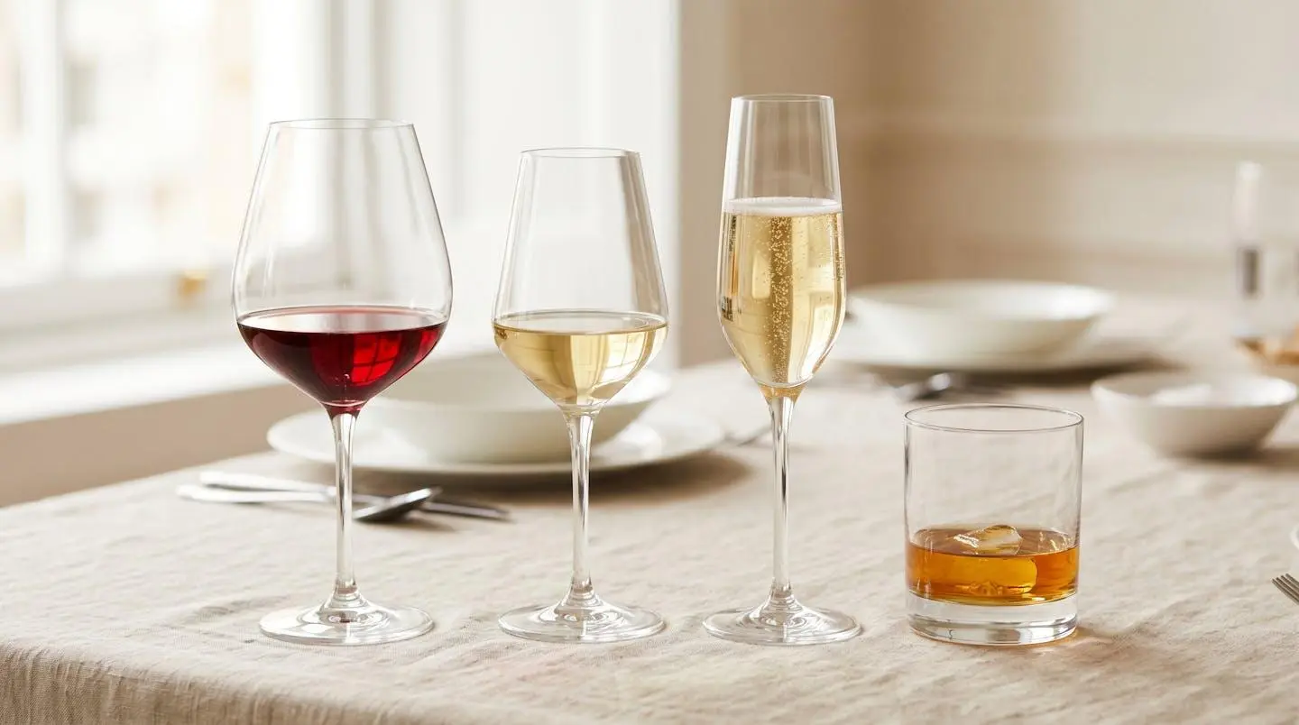 Quatre verres de dégustation de profils différents (tulipe vin rouge, tulipe vin blanc, flûte champagne, tumbler) alignés sur table élégante avec nappe lin naturel, remplis de liquides colorés, éclairage naturel doux créant reflets sur cristallin