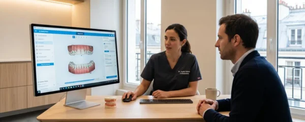 Cabinet d'orthodontie moderne à Paris montrant une consultation avec écran de diagnostic 3D et discussion entre orthodontiste et patient adulte dans un environnement épuré et lumineux