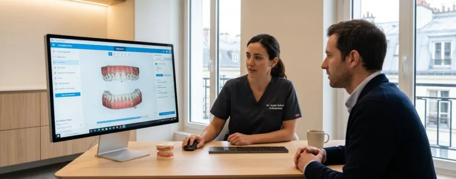 Cabinet d'orthodontie moderne à Paris montrant une consultation avec écran de diagnostic 3D et discussion entre orthodontiste et patient adulte dans un environnement épuré et lumineux