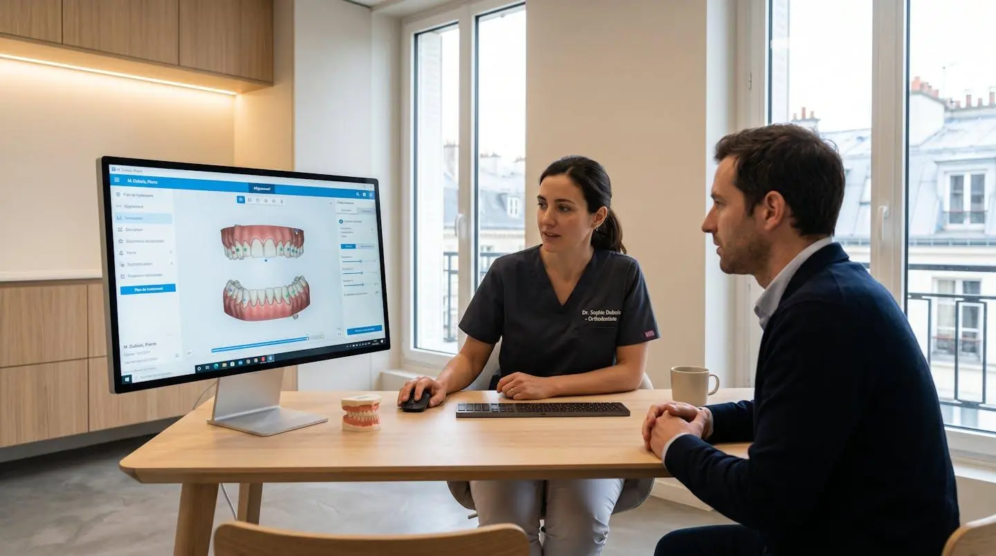 Cabinet d'orthodontie moderne à Paris montrant une consultation avec écran de diagnostic 3D et discussion entre orthodontiste et patient adulte dans un environnement épuré et lumineux