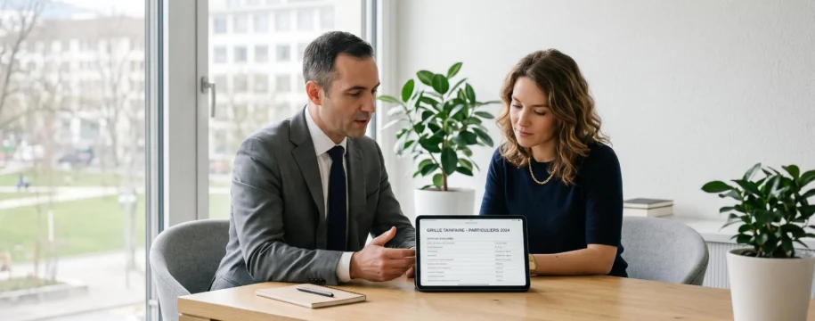 Conseiller bancaire et cliente consultant ensemble une tablette affichant une grille tarifaire en français dans un bureau moderne lumineux