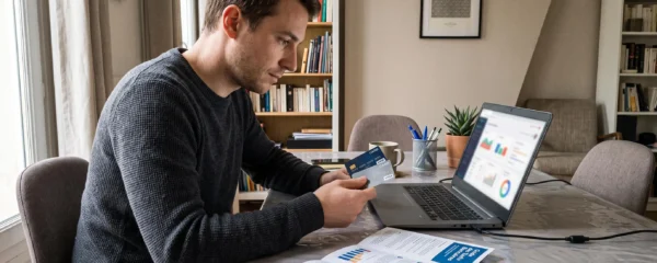 Conseiller bancaire et cliente consultant ensemble une tablette affichant une grille tarifaire en français dans un bureau moderne lumineux
