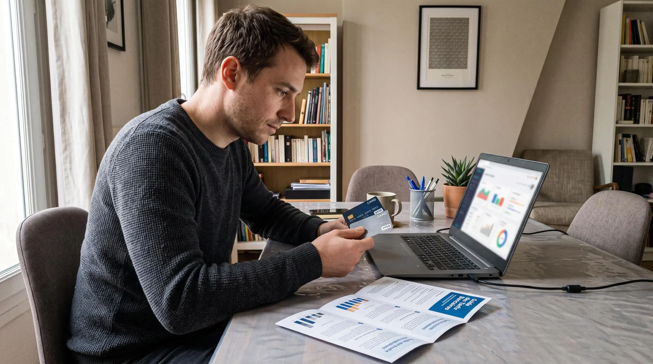 Conseiller bancaire et cliente consultant ensemble une tablette affichant une grille tarifaire en français dans un bureau moderne lumineux