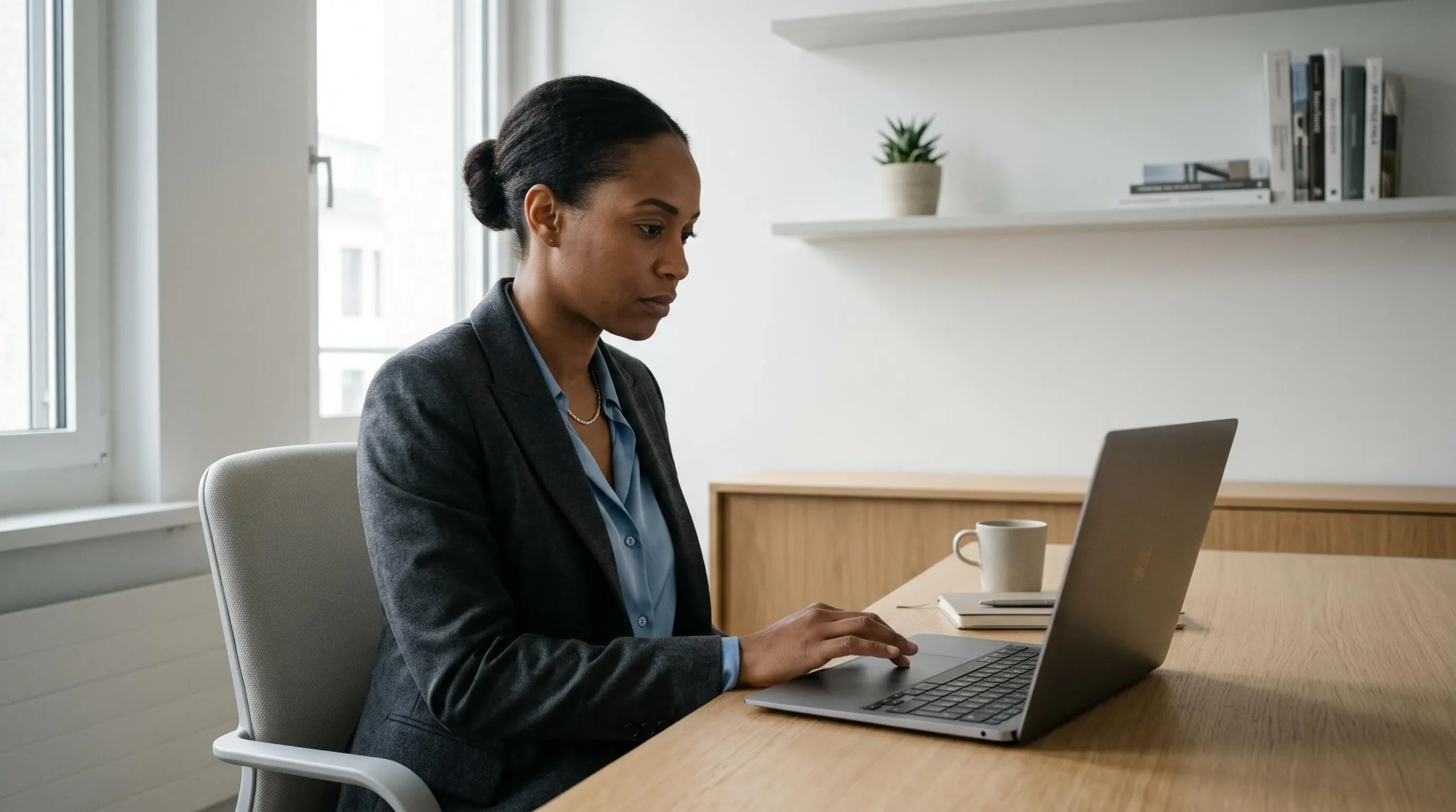Femme consultant un rapport RSE bancaire en français sur son ordinateur portable dans un bureau contemporain