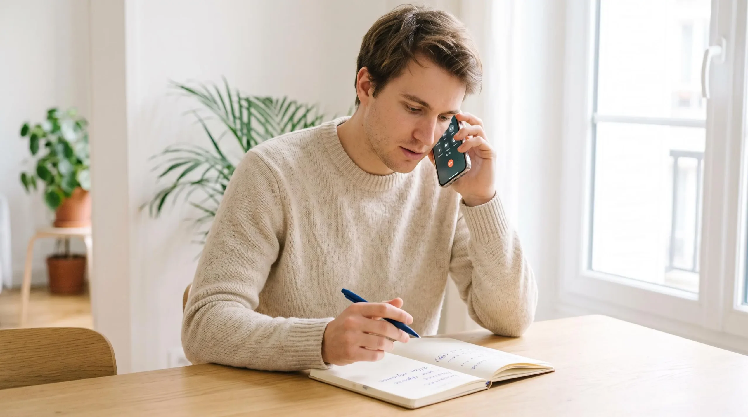 Jeune homme passant un appel au service client bancaire, smartphone affichant la durée d'appel et carnet de notes ouvert