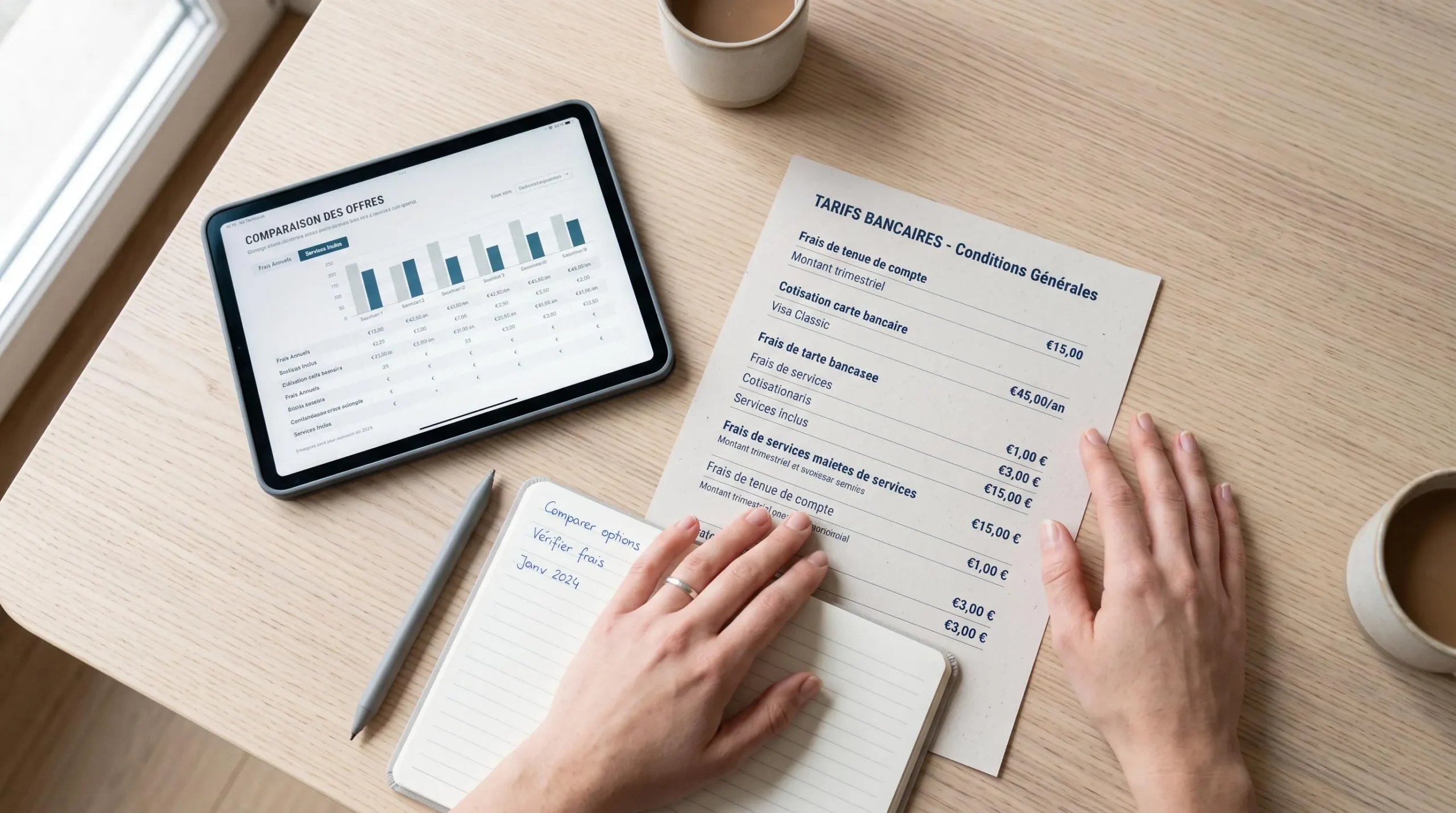 Mains consultant une grille tarifaire bancaire en français à côté d'une tablette affichant un comparateur de frais