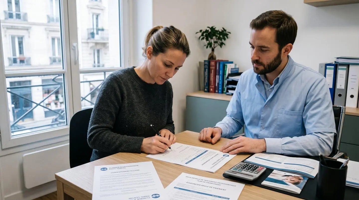 Patient adulte signant un devis détaillé pour traitement orthodontique dans un cabinet parisien avec documents financiers et plan de traitement sur le bureau