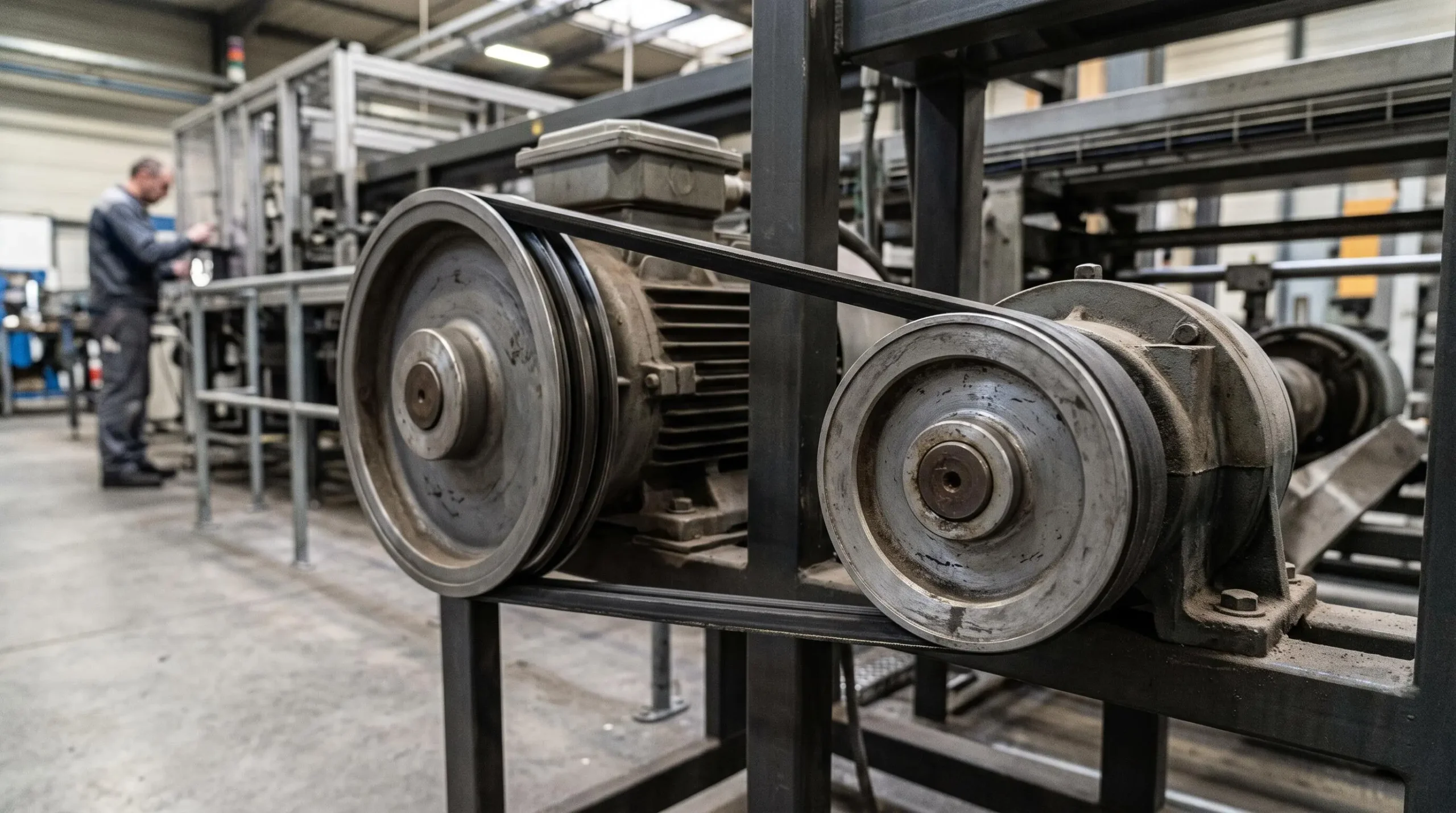 Système de transmission par courroie trapézoïdale installé sur une machine de production industrielle