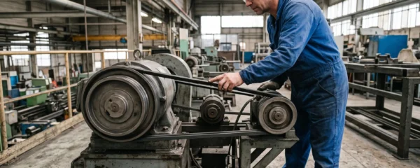 Technicien de maintenance inspectant un système de transmission par courroie dans un atelier industriel