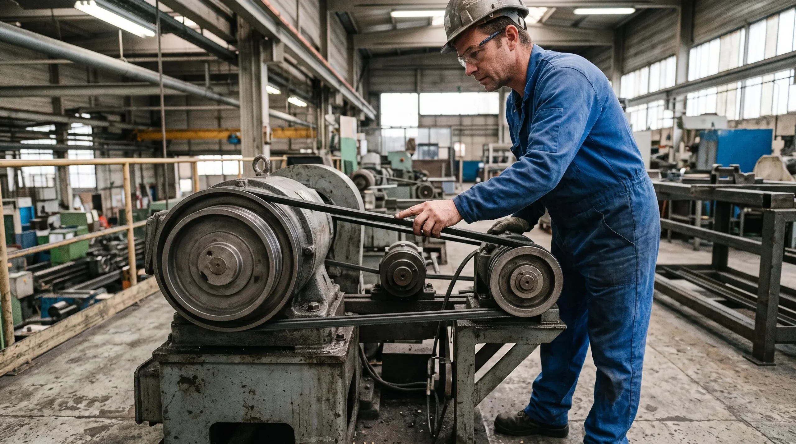 Technicien de maintenance inspectant un système de transmission par courroie dans un atelier industriel