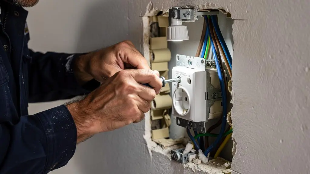 Électricien remplaçant une prise électrique ancienne et rénovant l'installation murale avec câblage aux normes françaises