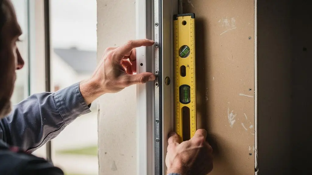 Professionnel installant une fenêtre double vitrage et vérifiant l'alignement avec un niveau à bulle dans une résidence française