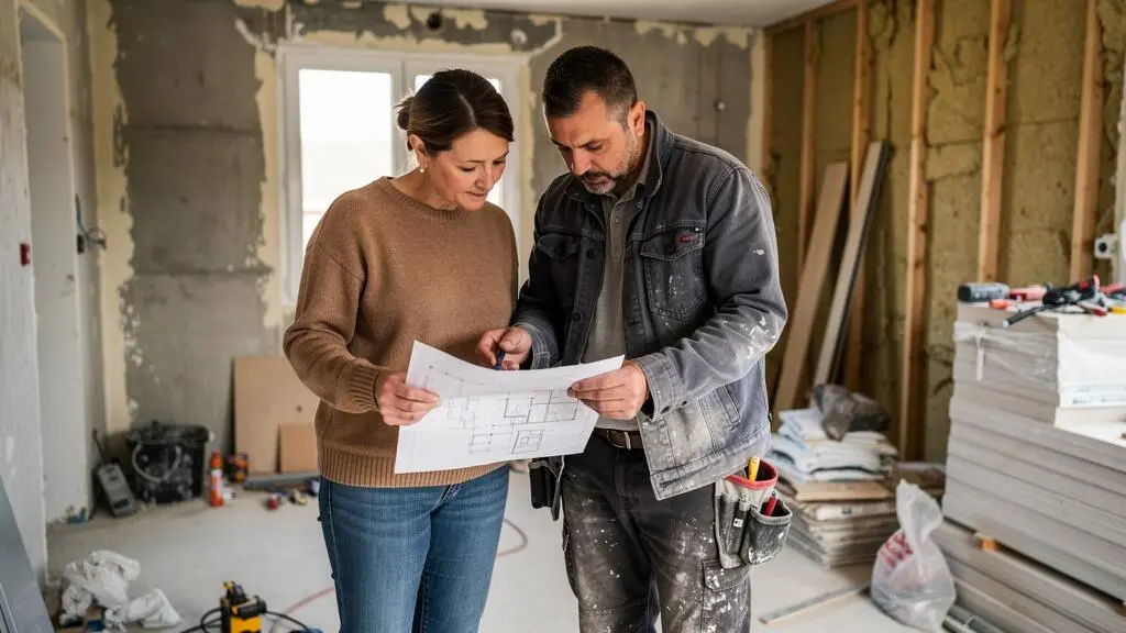 Propriétaire et entrepreneur en rénovation consultant ensemble plans et devis sur un chantier de travaux en cours