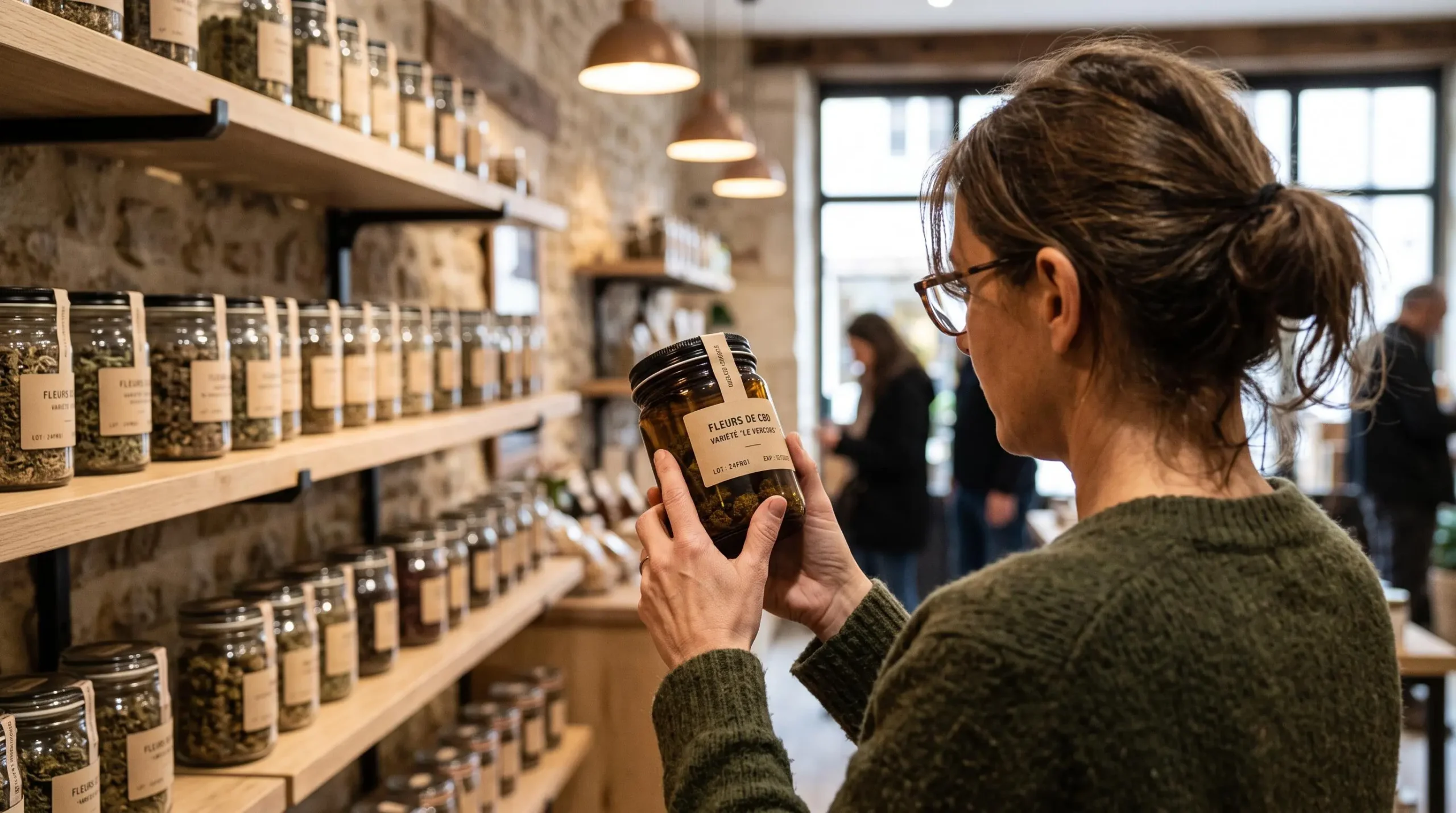 Un client examine l'étiquette d'un pot scellé de fleurs de CBD dans une boutique française.