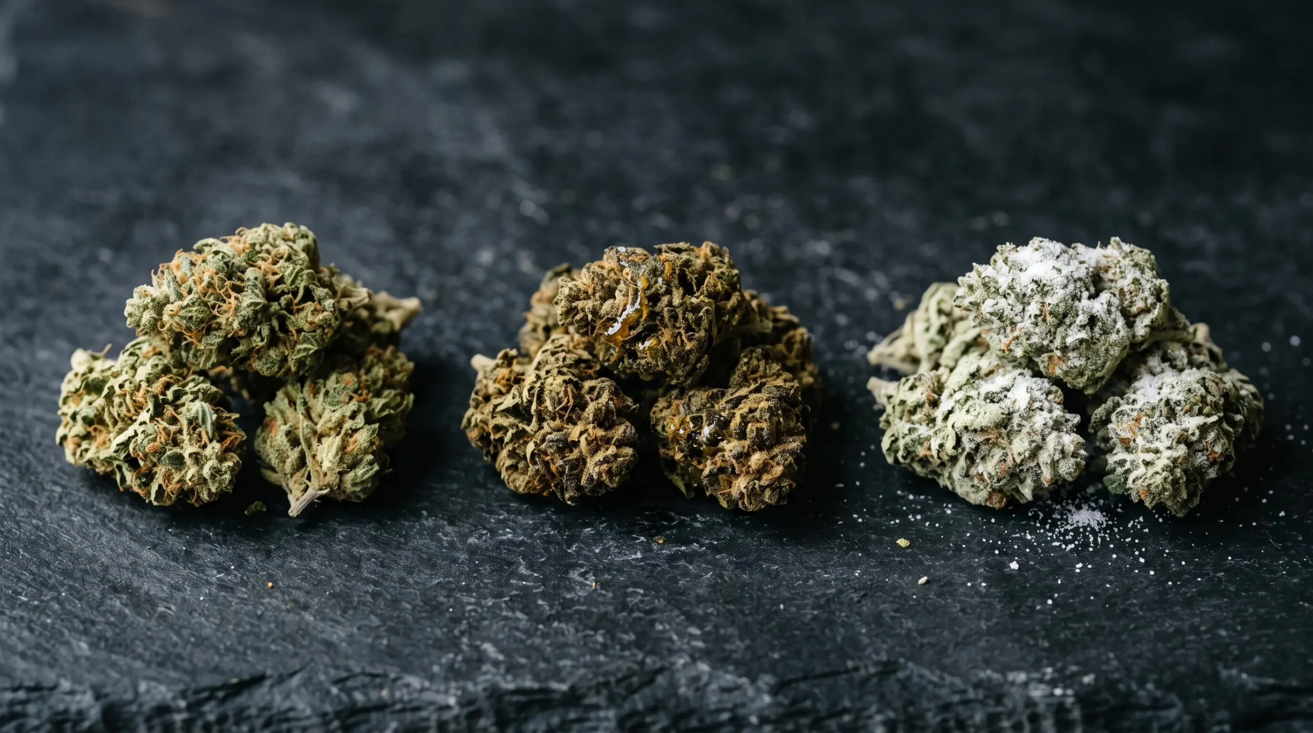 Trois variétés de fleurs de CBD alignées sur une ardoise, du produit classique au produit enrobé.