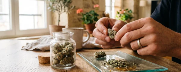 Des mains prélevent un morceau de fleur de CBD enrobée de résine au-dessus d'un plateau en verre.
