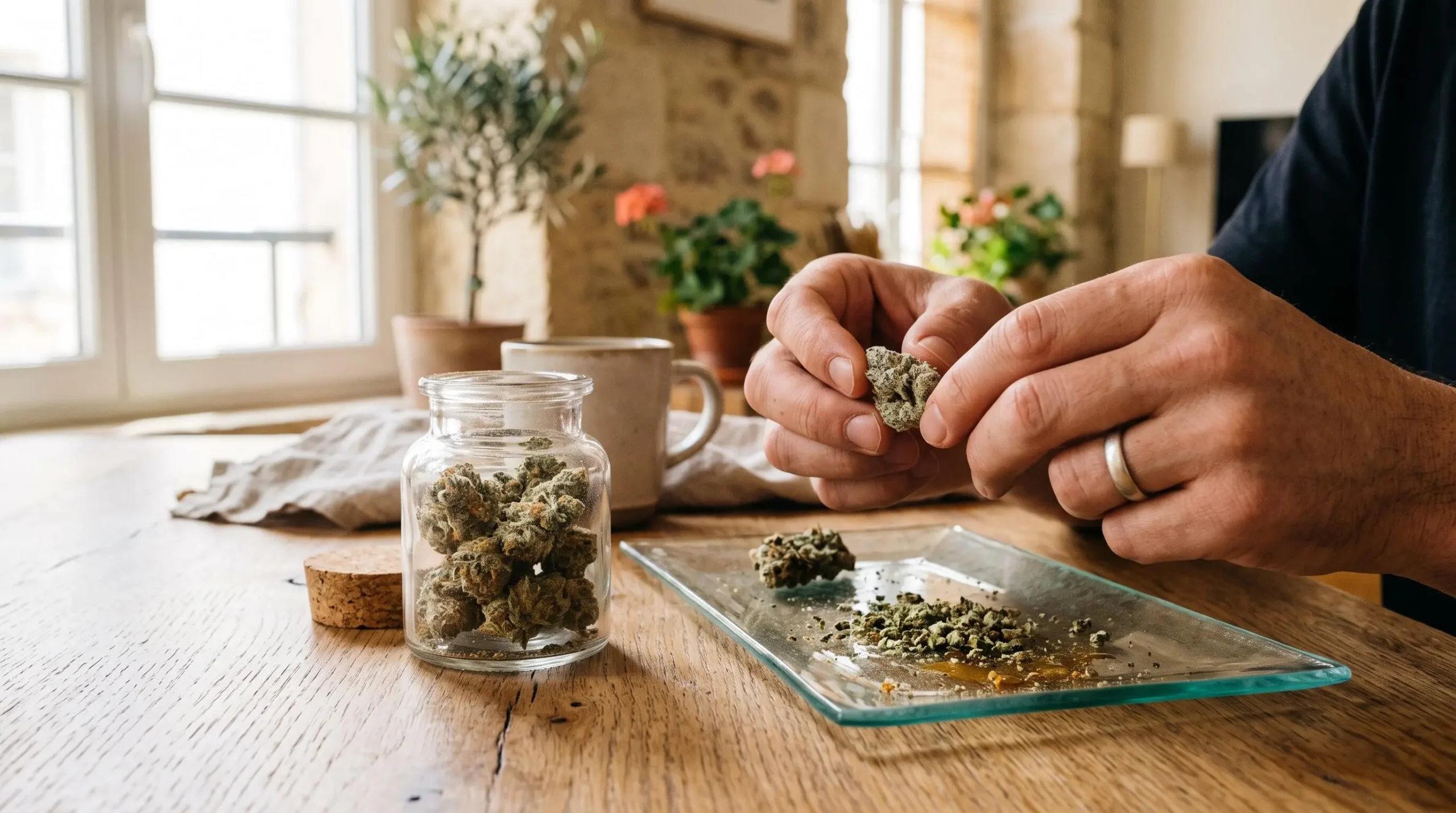 Des mains prélevent un morceau de fleur de CBD enrobée de résine au-dessus d'un plateau en verre.